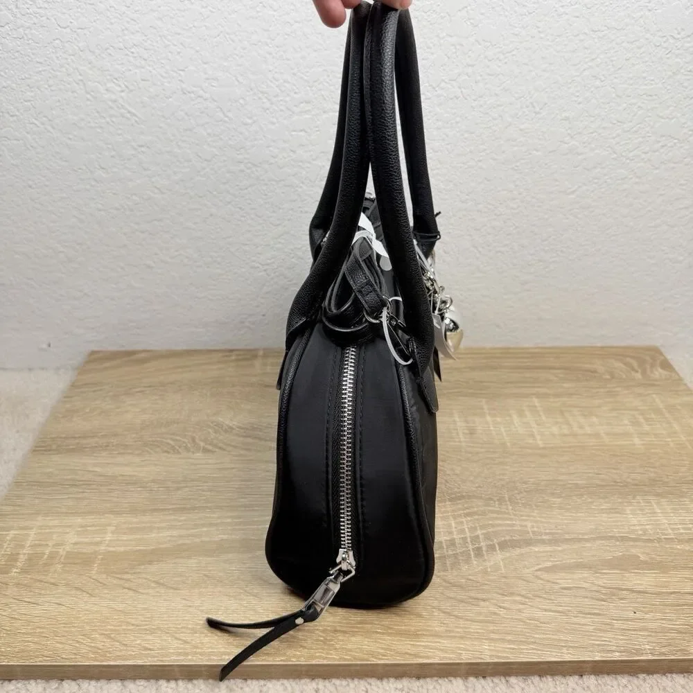 Madden NYC East West Bowler Bag Black Nylon Crossbody Shoulder Bag Heart Charm